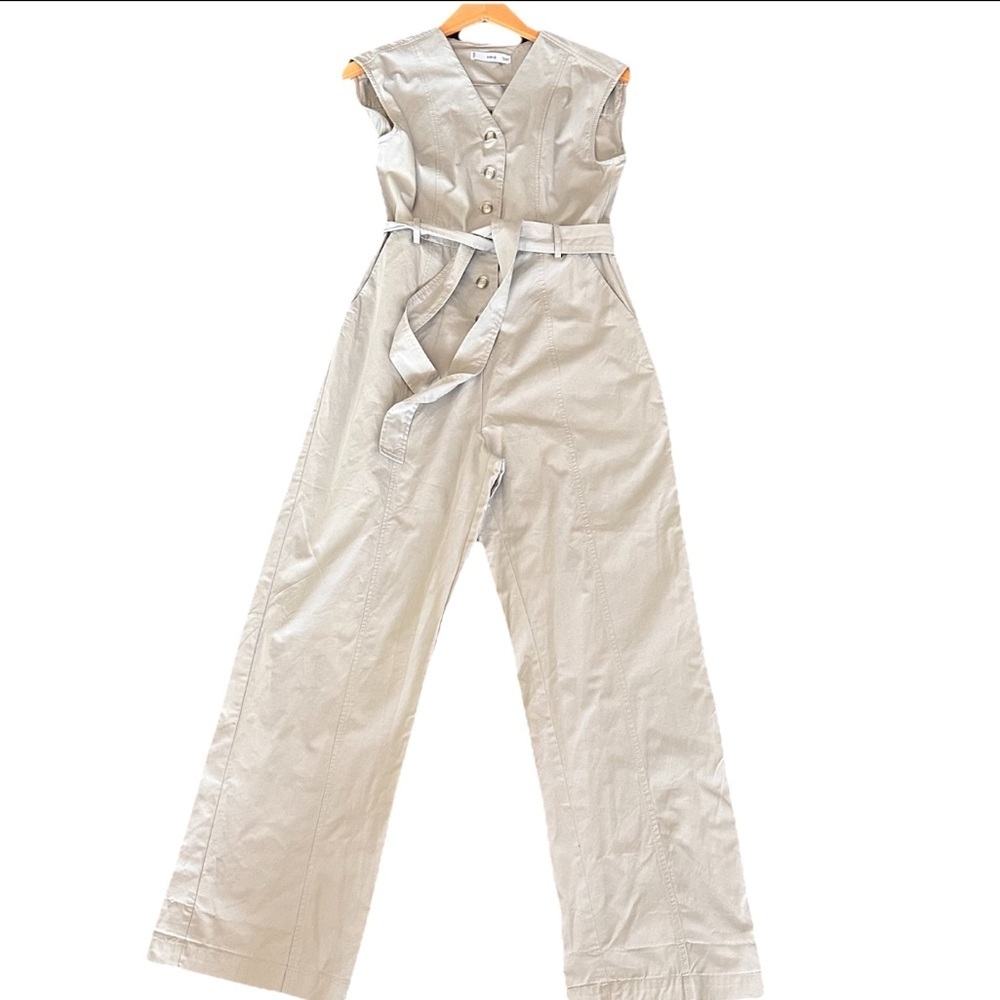$99 Mango 100% COTTON JUMPSUIT vneck sleeveless w/ belt light heather grey Small - Picture 7 of 13